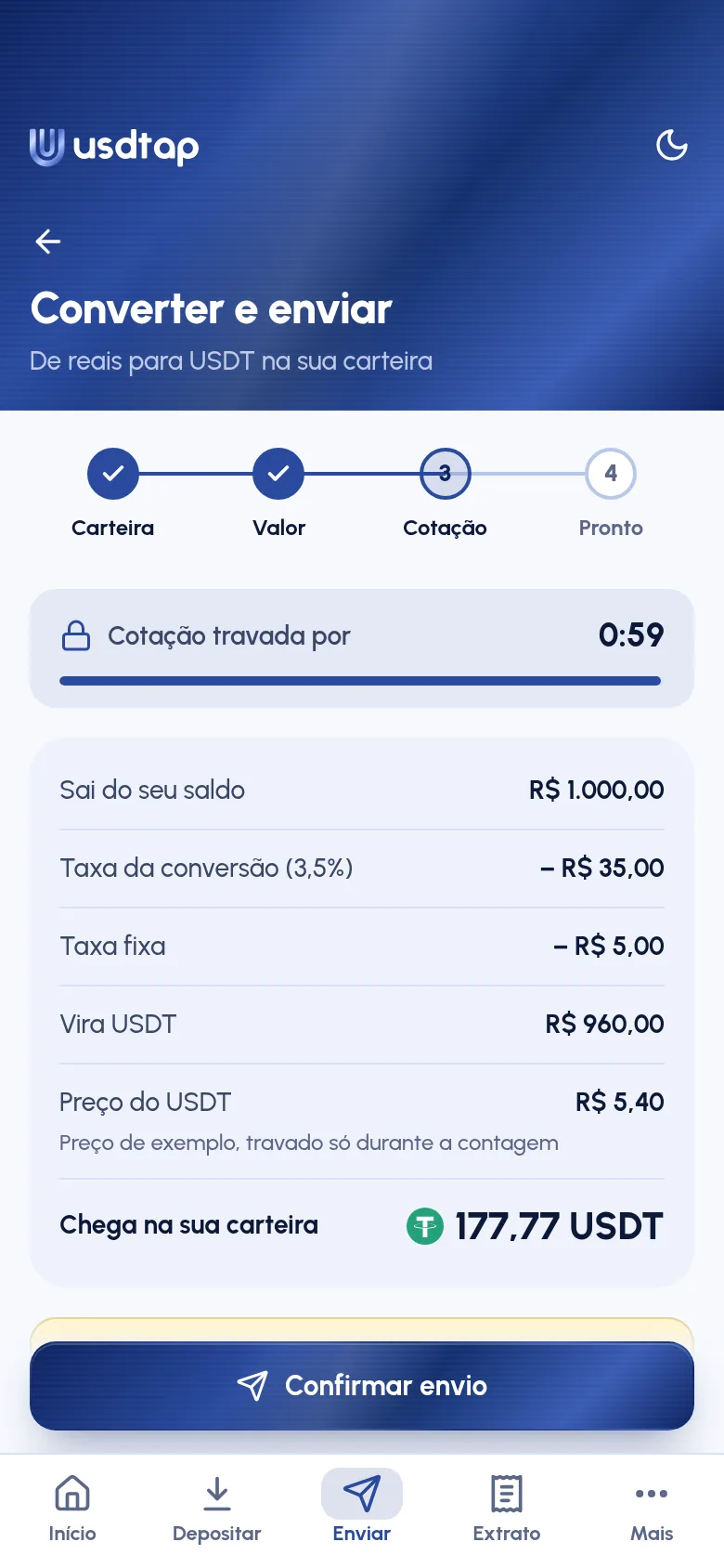 Convert and send screen, before confirming: the rate locked for 0:59, the fees, the USDT price and how much reaches the wallet, 177.77 USDT.