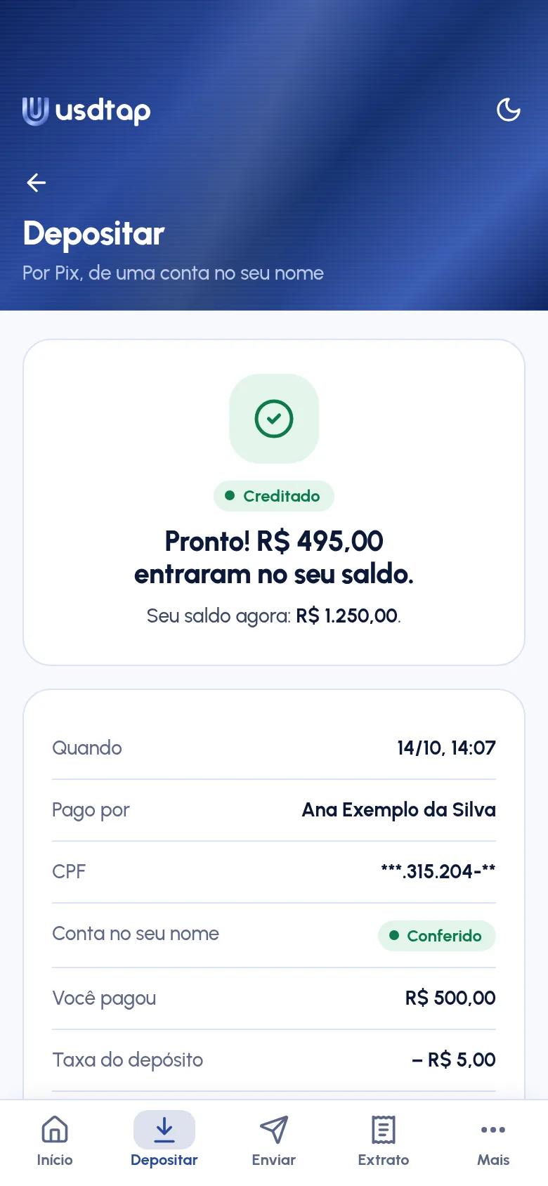 Deposit credited screen: R$ 495.00 added to the balance, with who paid, the account verified in your name and the deposit fee.