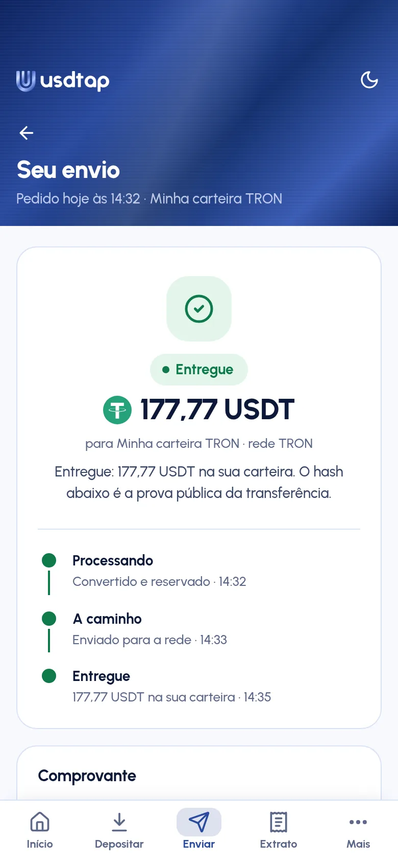 Transfer delivered screen: 177.77 USDT in the wallet, over the TRON network, with the steps processing, on the way and delivered.