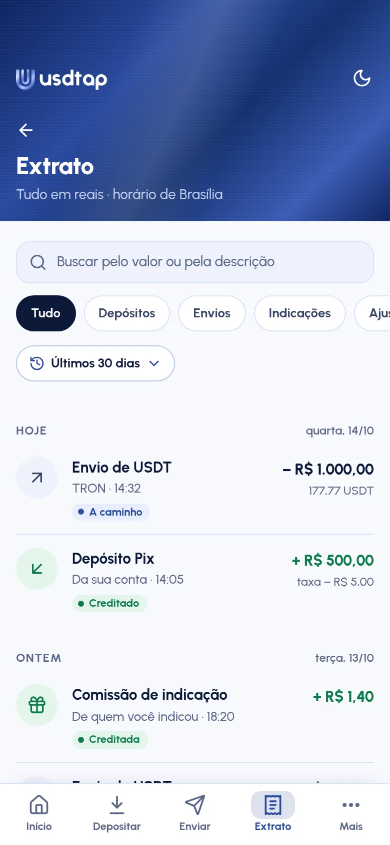 Statement screen: the USDT transfer, the Pix deposit and the referral commission, all in reais and in Brasília time.
