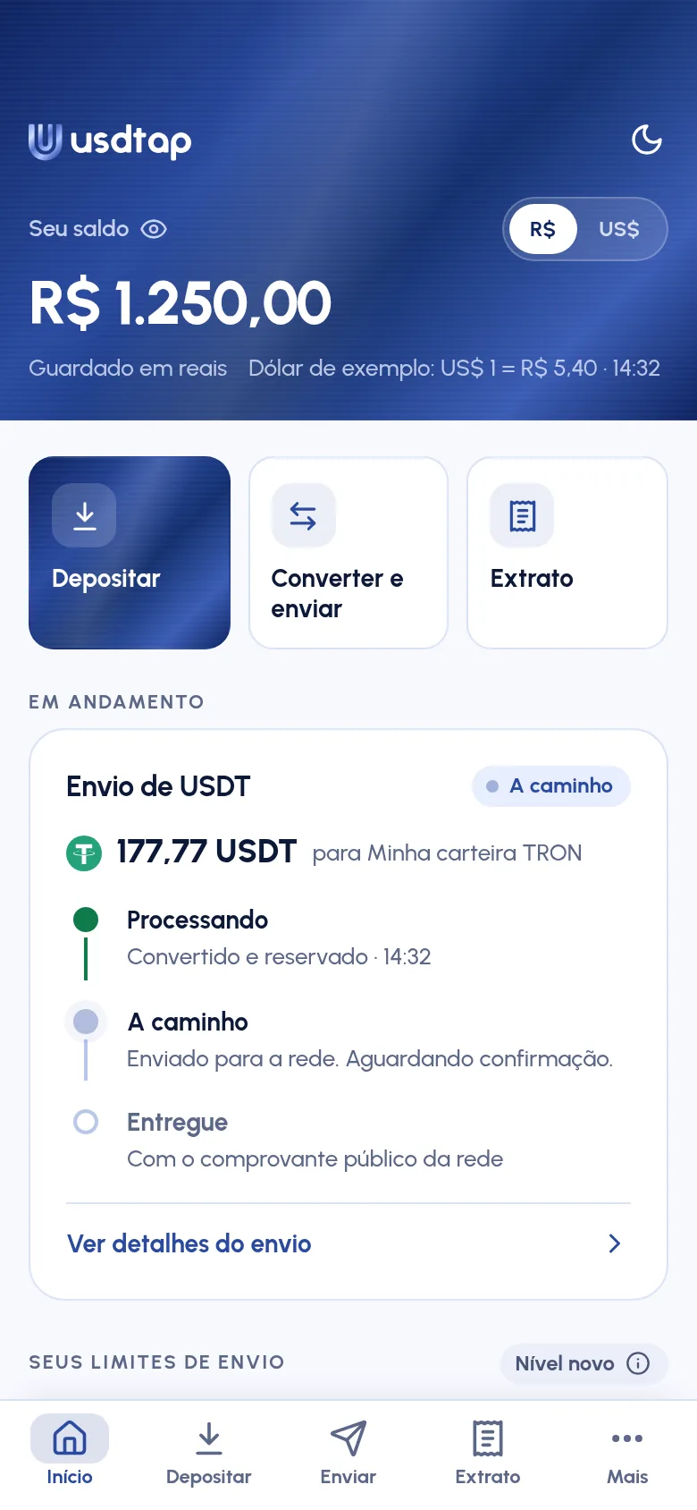 Home screen of the usdtap app: a balance of R$ 1,250.00 held in reais, the Deposit, Convert and send and Statement shortcuts, and a 177.77 USDT transfer on its way to the wallet.