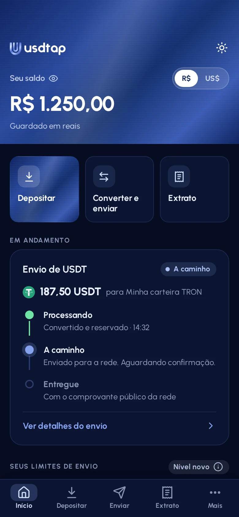 A mesma tela inicial, no tema escuro do app.