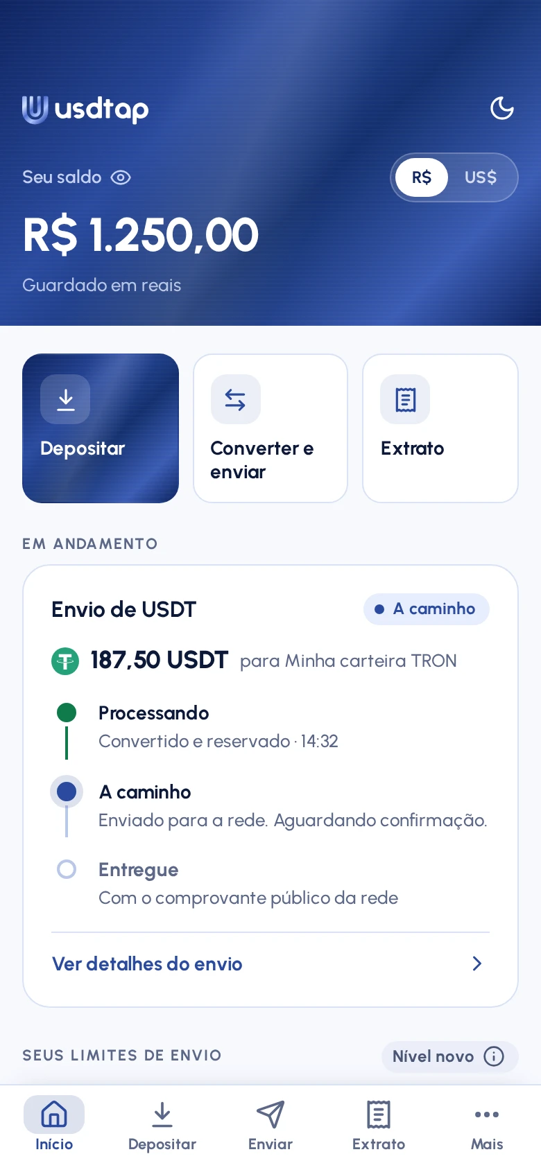 Tela inicial do app usdtap: saldo de R$ 1.250,00 guardado em reais, os atalhos Depositar, Converter e enviar e Extrato e, em andamento, um envio de 187,50 USDT a caminho da carteira TRON.